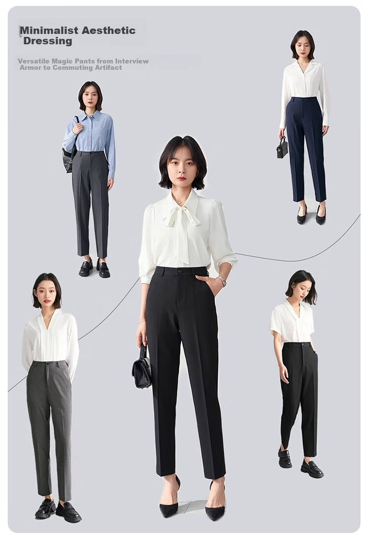 Bodexiaojie Navy Blue Suit Pants for Women, Professional Formal Wear, Interview Straight-Leg Trousers, Petite Cigarette Pants 13