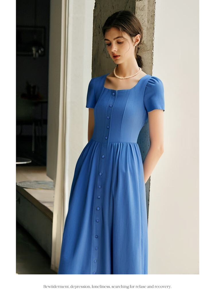 Olrain Eurielle Summer Women's Commuter Lyocell Dress Square Neck Waist Cinch Vacation Maxi Dress Klein Blue S 12