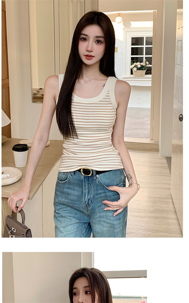 Langsha Women's Striped Slim Fit Vest New Sleeveless Knit U-Neck Tank Top Trendy Layering Shirt 12