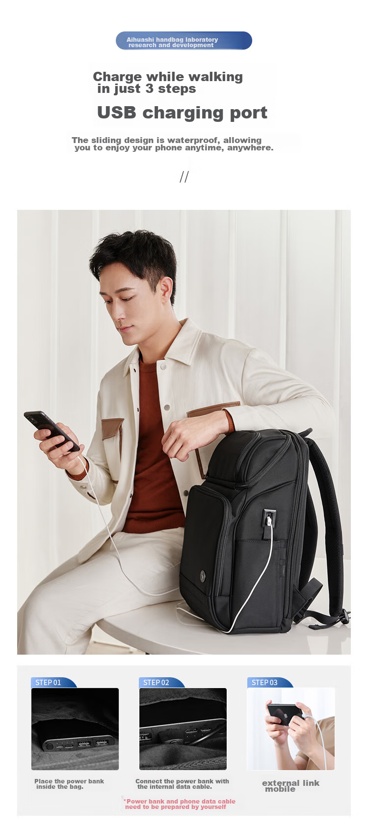 OWAS Backpack Laptop Bag for Men, 16-Inch Travel Business Lightweight Luxury Black Backpack 5