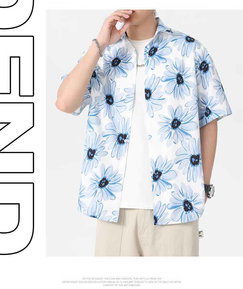 CLOR American Style Ice Silk Shirt Men's Spring and Autumn Printed Short Sleeve Loose Jacket CLCX11 Blue Rhythm Baby Flower 3XL 6