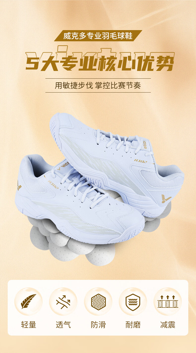 VICTOR Victory Badminton Shoes Unisex A102 High Elasticity Stable Sports Badminton Shoes White Gold Color Size 39 2