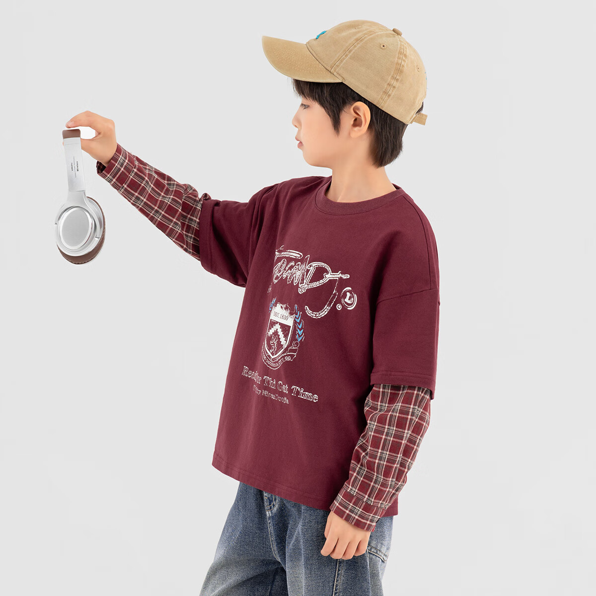 Duoduojia Boys' Sweatshirt, Spring And Autumn Style, Patchwork Long Sleeve, Plaid Retro Print, Children's Faux Two-Piece, Korean-Style Academic Style Top