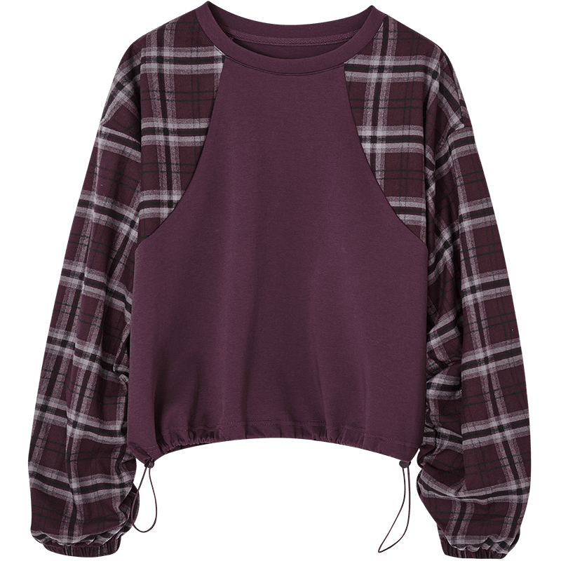 Demana [Comfort Elastic 280G Air Layer] Autumn Korean Style Vintage Plaid Patchwork Elastic Hem Sweatshirt for Women