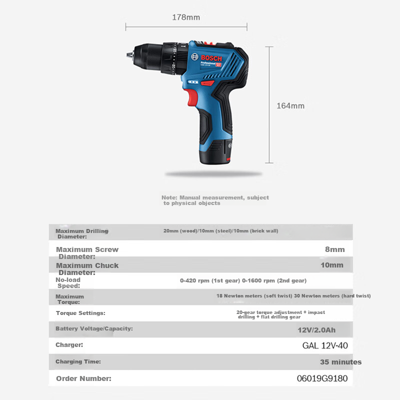 BOSCH Impact Drill Electric Screwdriver Hand Drill for Wood Steel Metal Drilling GSB 12V-30 12V Lithium Battery Dual Power