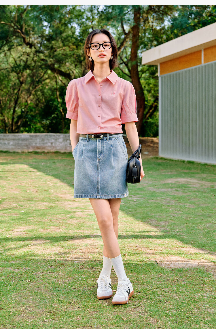 INMAN Commuter Pleated Puff Sleeve Pure Cotton Shirt, Summer Women's Clothing, Turn-Down Collar Embroidered Blouse Top, Light Pink, L 16
