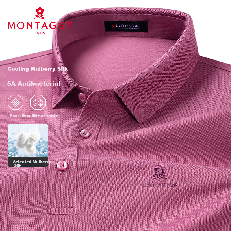 MONTAGUT Summer Men's Polo Shirt, Short-Sleeved Mulberry Silk Cool-Feeling Breathable Business Casual T-Shirt, Rose Red, 3XL/56