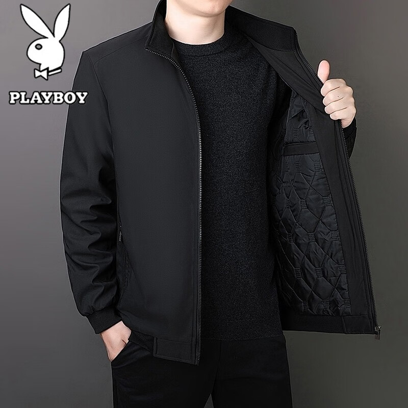 Мужская утепленная куртка PLAYBOY, деловой повседневный стиль, ветрозащитная куртка с воротником-стойкой, черная, размер 2XL