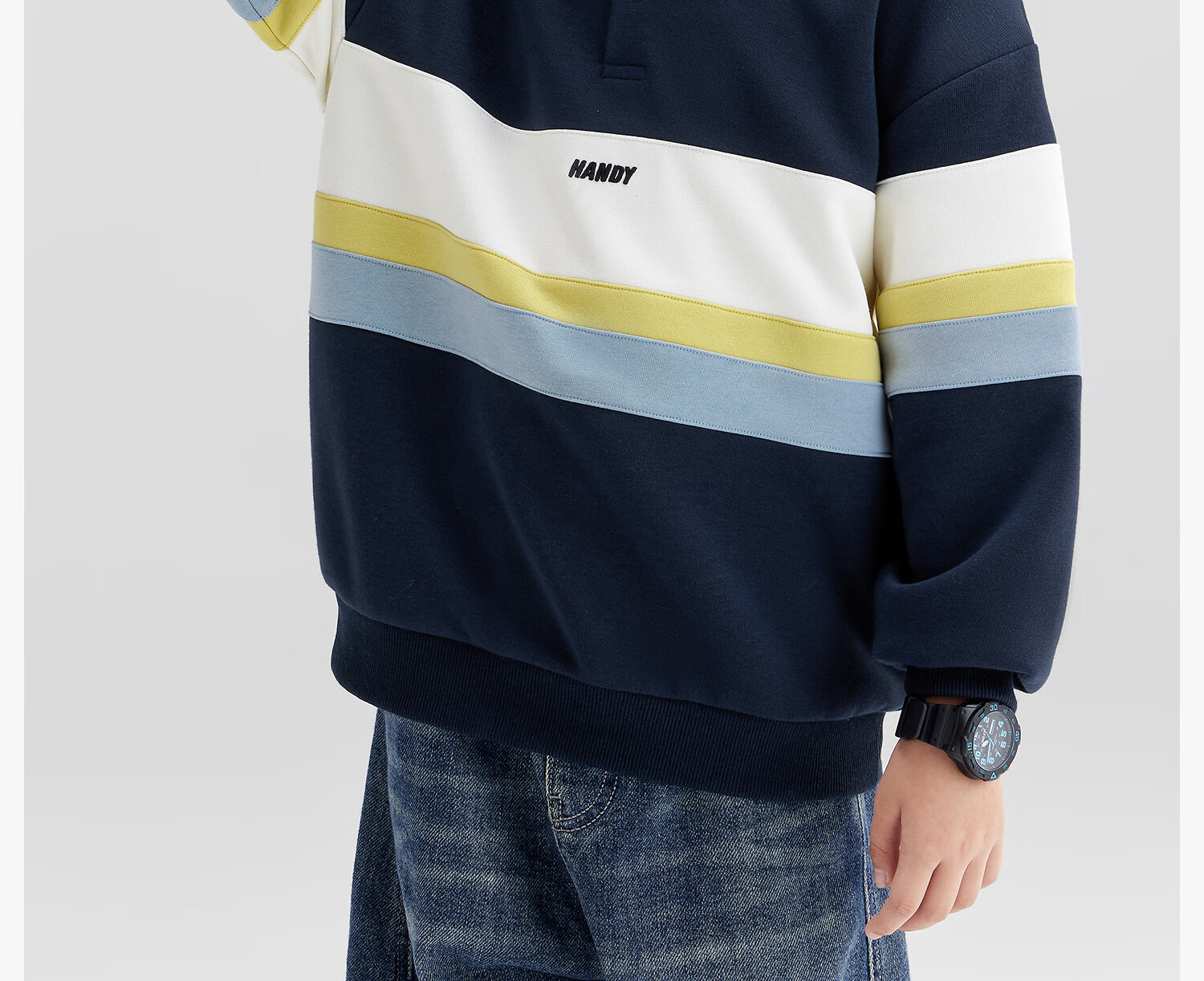 Zuoxi Boys' Polo Shirt Sweatshirt, 2026 New Trendy Children's Striped Color-Block Pullover, Navy Blue, Size 160 3