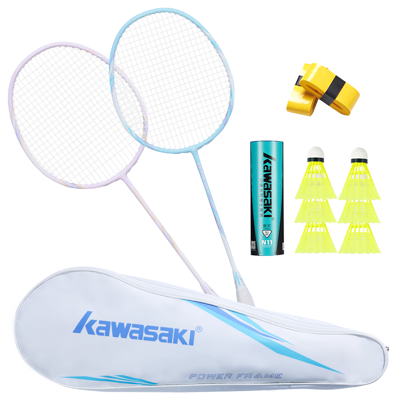 KAWASAKI Badminton Racket, Ultra-Light Carbon Fiber Mid-Shaft Pair, KD-1pro Blue And Purple (Pre-Strung, 6 Shuttlecocks, Grip Tape, Racket Case)