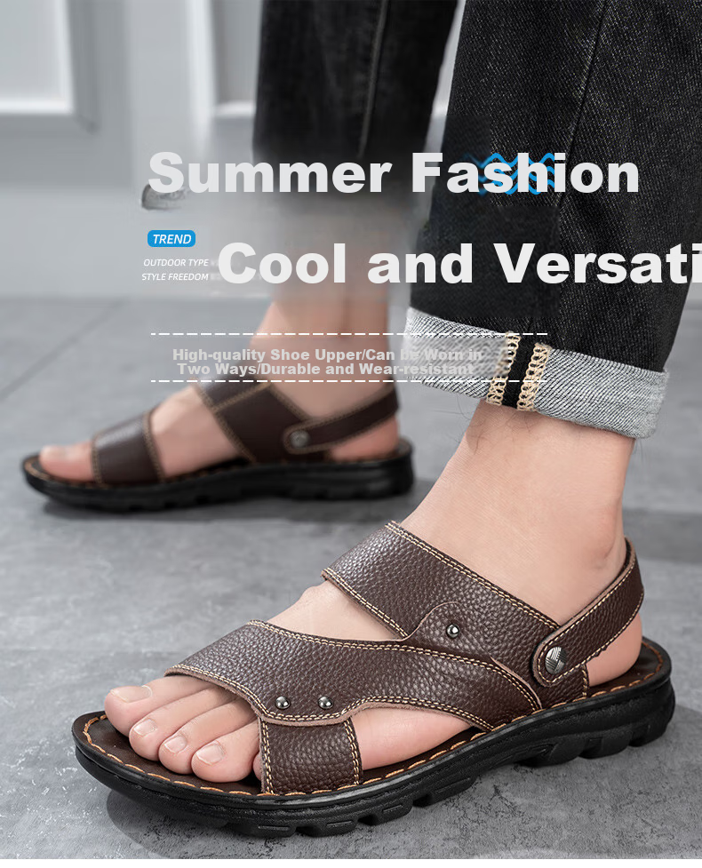 MEXICAN Top-Grain Leather Sandals for Men, Beach Shoes, Men's Slippers, Hollow-Out Casual Men's Shoes, Black, Size 44 1