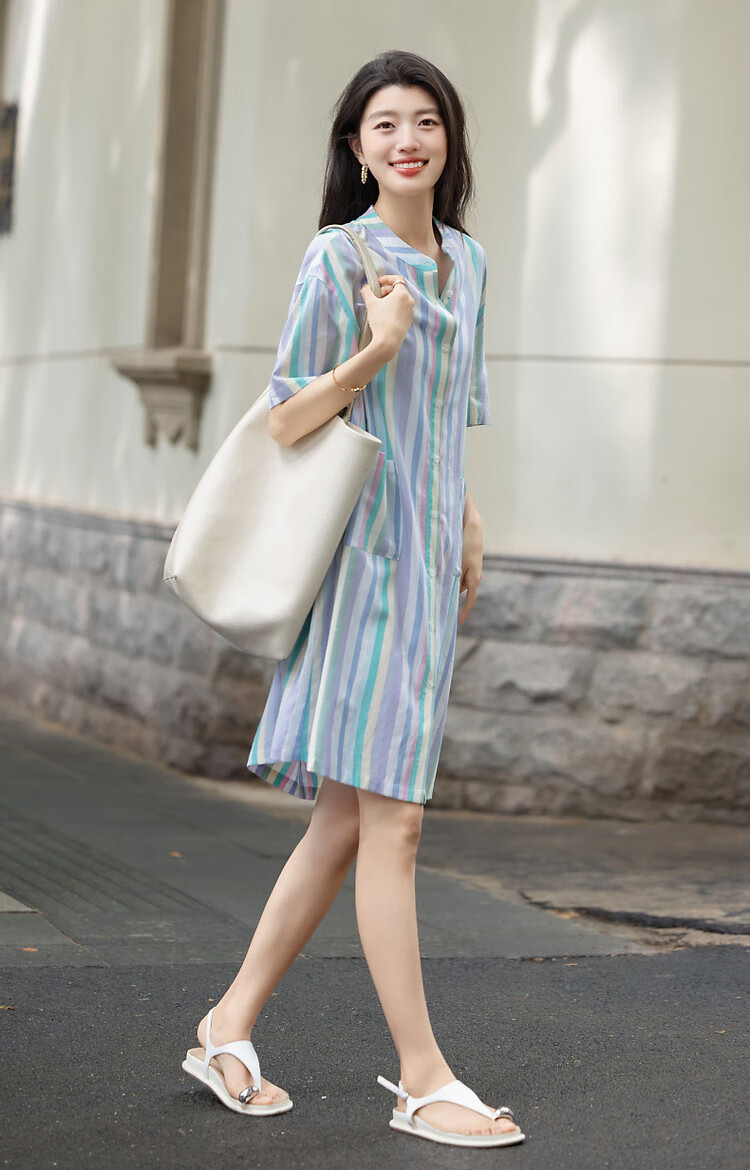 Dme [Healing Class Style] Summer Short Stand-Collar Cotton Lyocell Blend Short-Sleeve Loose Waist Mid-Length Women's Dress 13