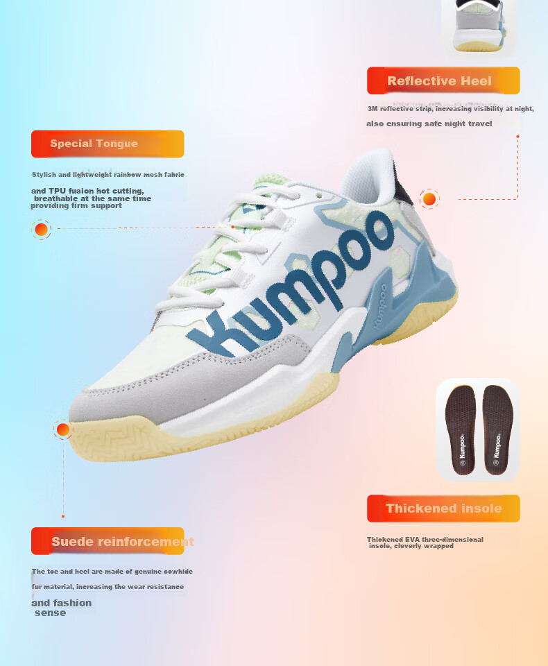 KUMPOO Badminton Shoes, Non-Slip, Wear-Resistant, Anti-Twist, Shock-Absorbing, Lightweight, Breathable, Professional Sports Shoes KH-G76 White-Gray Size 37 11
