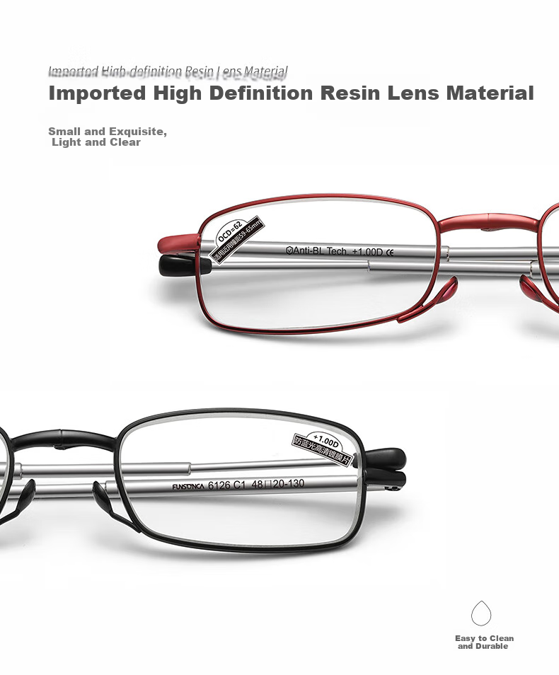 Funsonca Anti-Blue Light Foldable Swiss Imported Material Reading Glasses, Lightweight Matchbox Portable 6126 Red 150 Degree 2