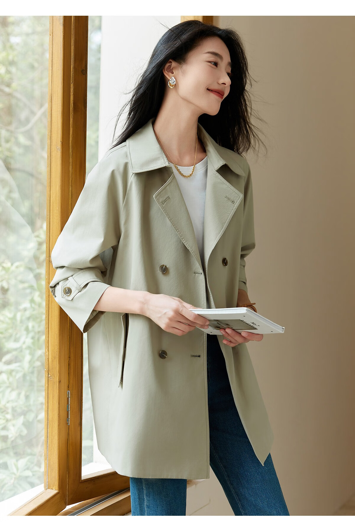 Chushen Spring And Autumn Casual Jacket for Women, Double-Breasted Windbreaker with Raglan Sleeves, British Retro Style Elegant Fashion Top S143U8002 8