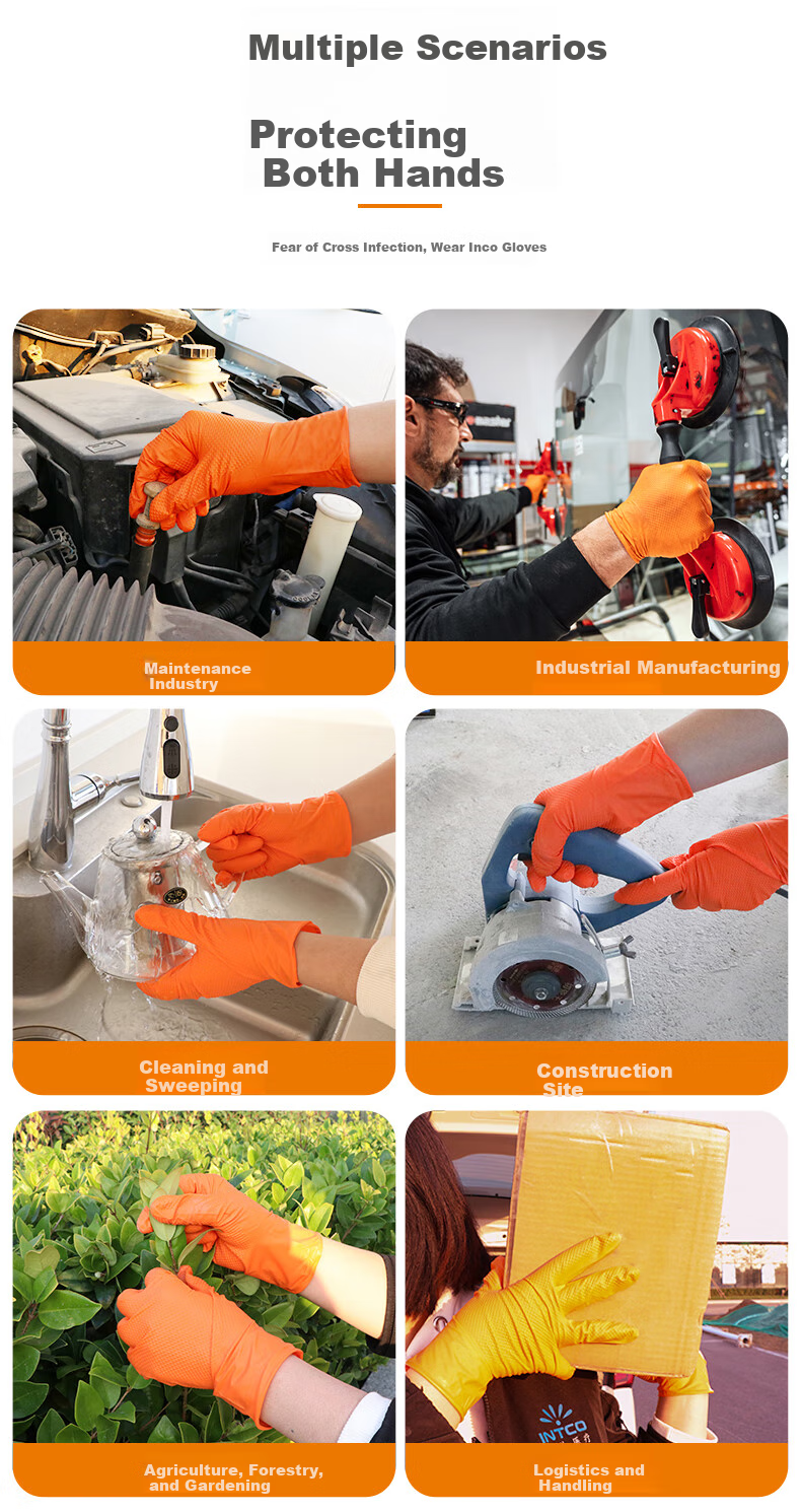 INTCO Diamond Pattern Nitrile Gloves, Extra Thick Durable Work Gloves, Orange, 30 Pieces/box, Size L 11