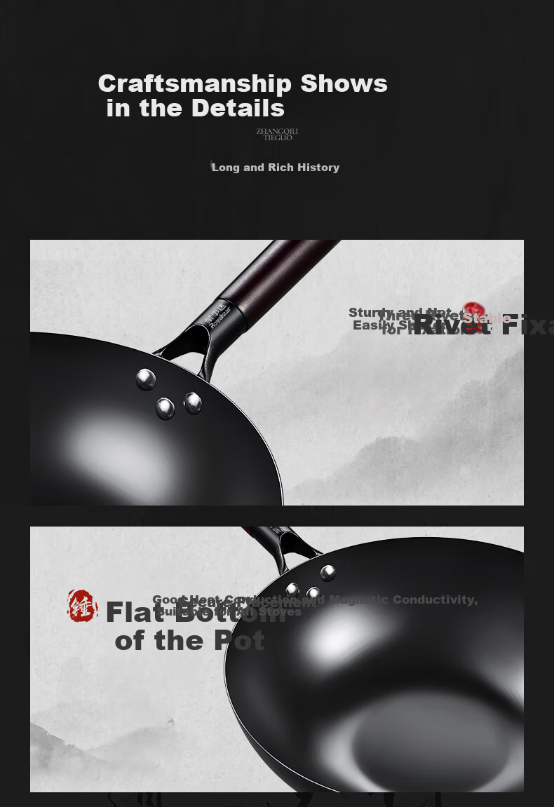 Royalstar Zhangqiu Wok Iron Pan Non-Coated Non-Stick Pan for Home Use Forged Stir-Fry Pan Flat Bottom Compatible with Induction Cooker And Open Flame with Lid 32cm 13