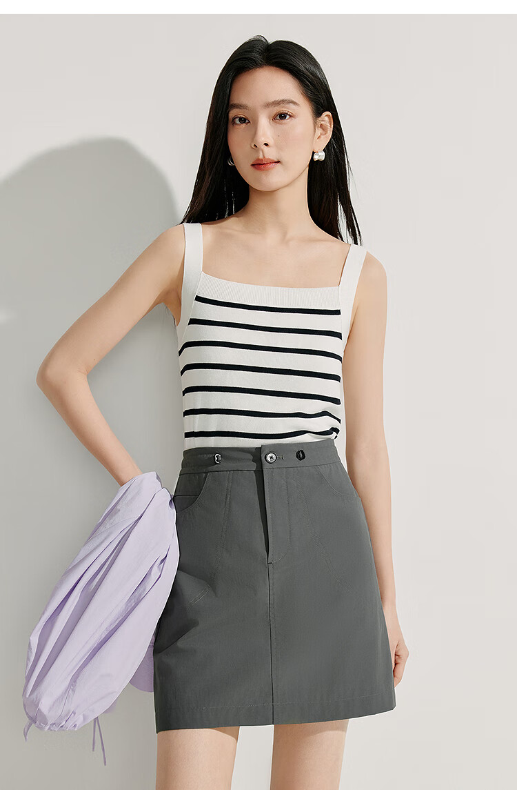 INMAN Striped Square Neck Knitted Camisole, 2026 Summer Women's New Short Fitted Top, Black, Size L 29