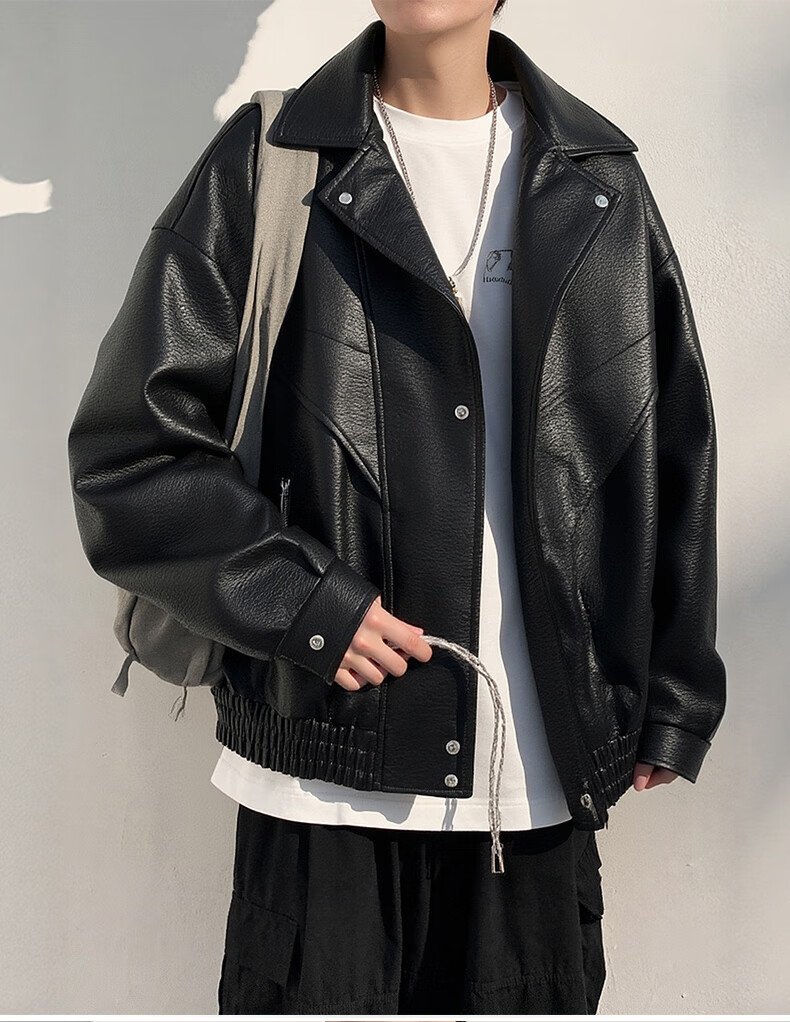 Wu Huangmao Men's American Style Leather Jacket Spring Autumn Vintage Biker Leather Jacket WJ14 Black 2XL 3