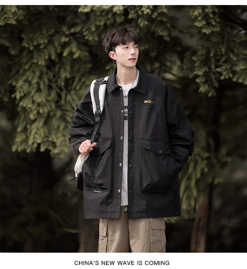 Huili Men's Autumn Jacket, Water-Repellent Lapel Jacket, Casual Simple Windproof Shirt Jacket for Men, Black, XL 9