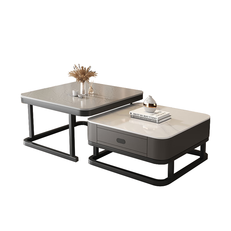 Qianxihuafu Coffee Table, Living Room Side Table for Small Apartments, High-End Light Luxury, 2026 Square Rock Slab Coffee Table, Gray And White Rock Slab