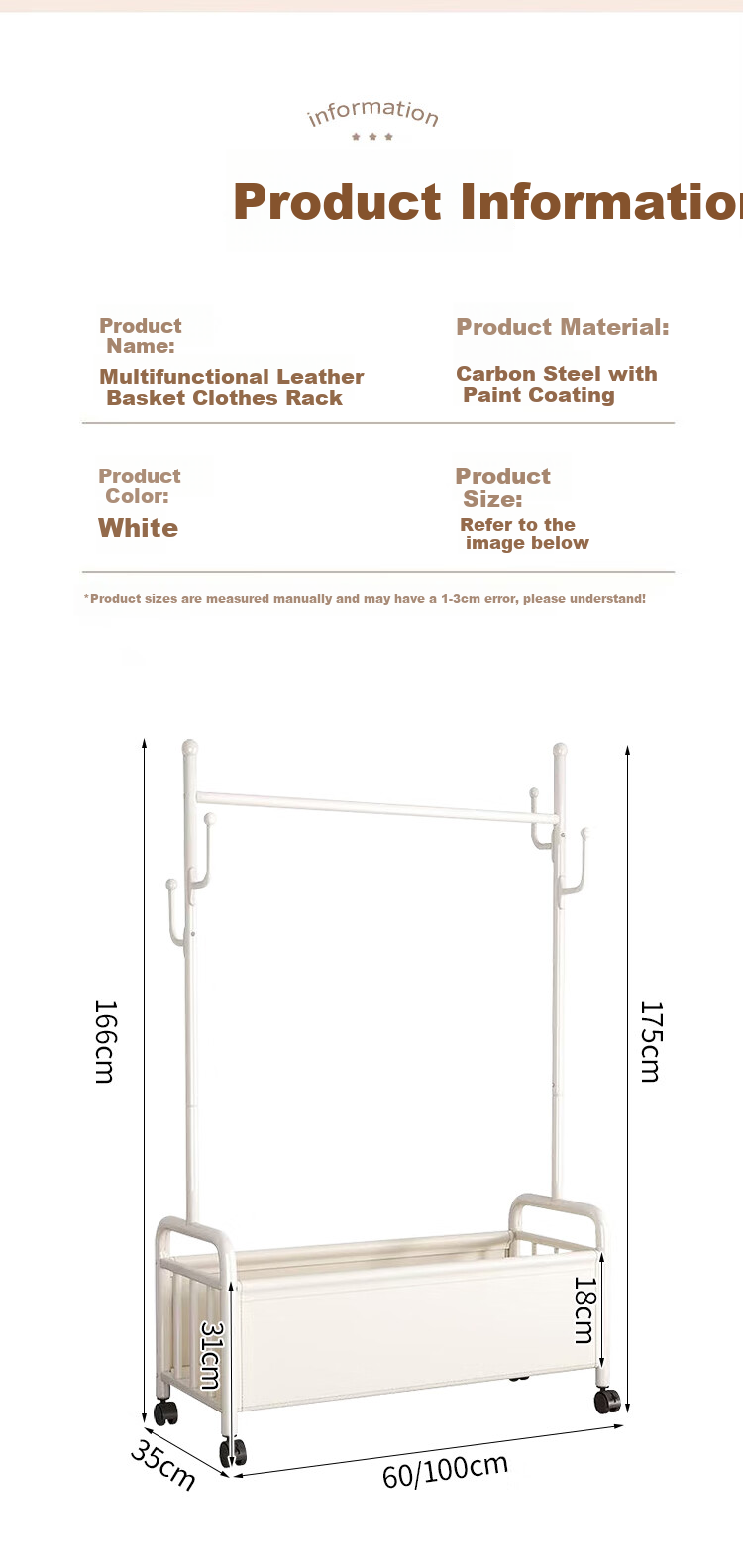 Jingcai Coat Rack, Floor-Standing Clothes Hanger, Movable Bedroom Clothes Stand, Drying And Storage Rack, J01 Beige, 60cm 12