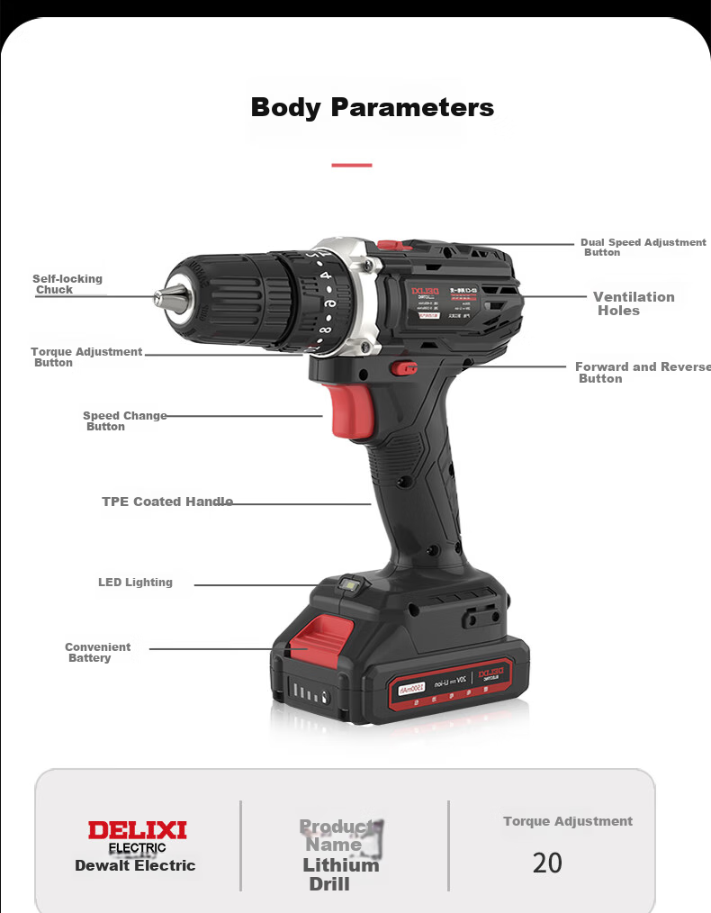 DELIXI ELECTRIC Lithium Battery Drill, Multi-Functional Household Rechargeable Electric Drill ED-C1, Two Batteries One Charger, 12V 14