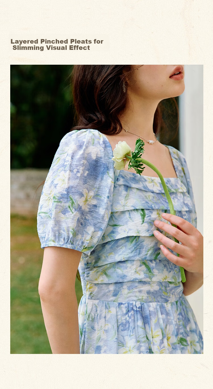 Inman Vacation Style Seaside Print Dress Summer Women's Square Neck Puff Sleeve Waist Cinched Long Dress Glaze Blue M 5