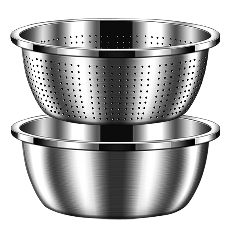 FISDDIS 304 Stainless Steel Bowl and Sieve 2-Piece Set Thick Soup Bowl Rice Washing Strainer Draining Basket 30cm Cooking Bowl LLPTZ-30