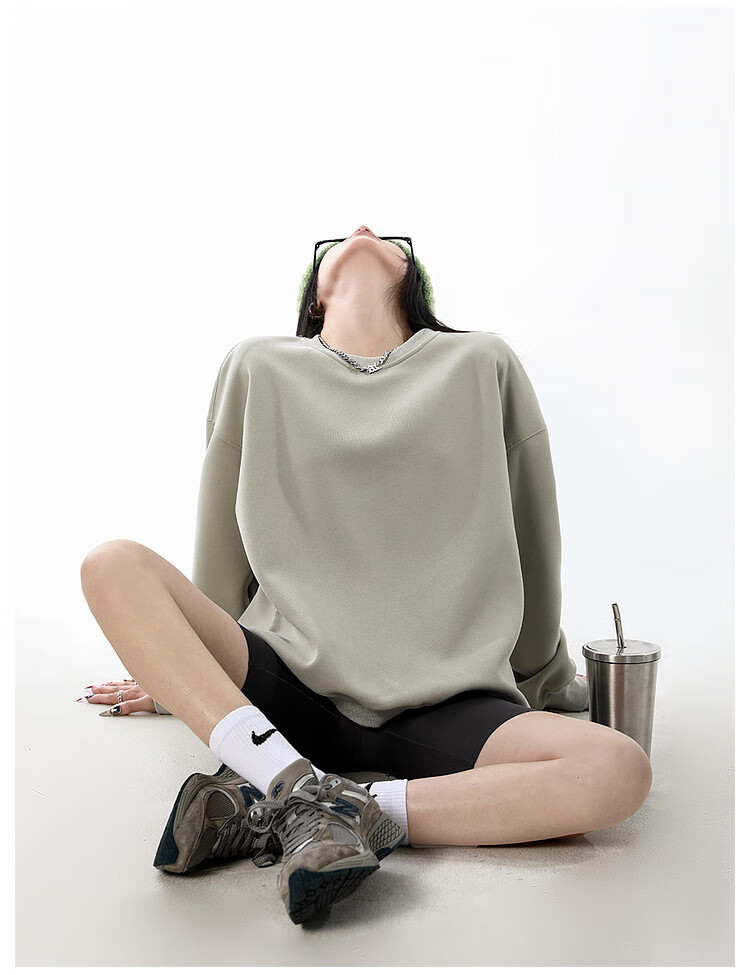 ICH MODE Women's American Style Crew Neck Solid Color Sweatshirt Spring Autumn New Loose Lazy Pullover Long Sleeve Top Black M 17