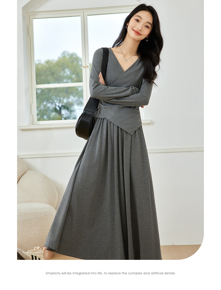 Fanximan French Style Elegant Set Dress Women Autumn New Slimming Top and Skirt Casual Suit Light Gray XL 2