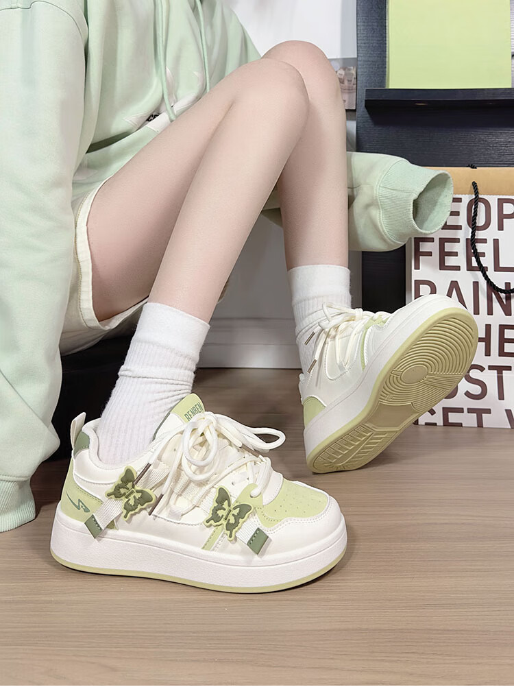 RENBEN Matcha Green Butterfly White Sneakers for Women, New Fashion Versatile Casual Shoes, Thick-Soled Korean Style Platform Shoes, White And Green, Size 38 9