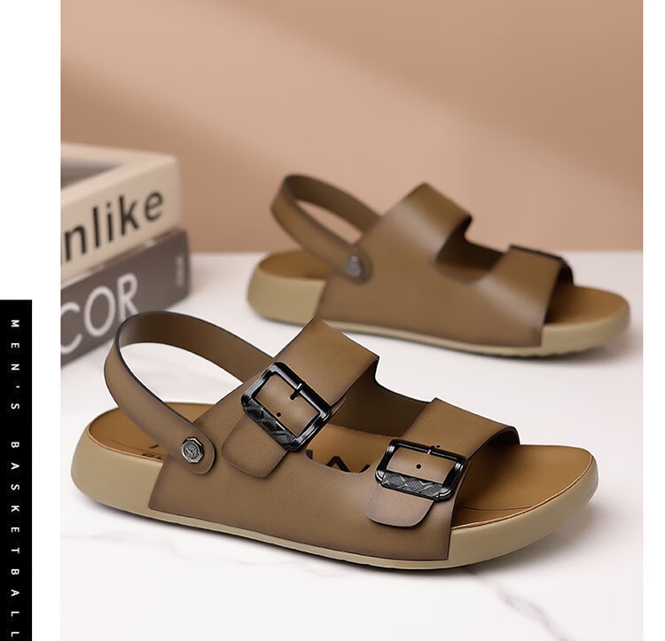 Aokang Men's Sandals, Summer Beach Shoes, Casual Slippers, Soft-Soled Sandals, Khaki Color, Size 42 2