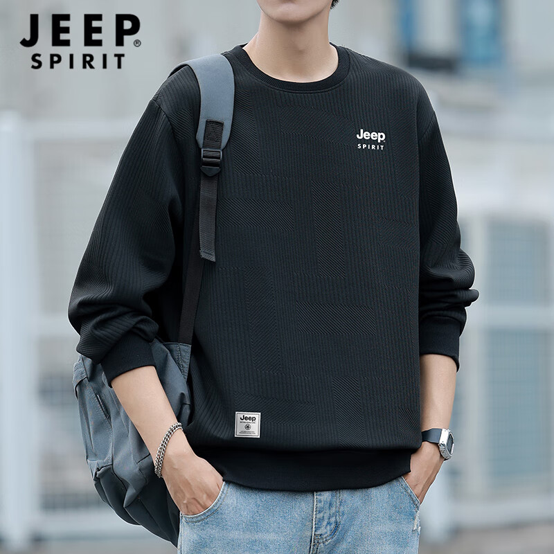 JEEP SPIRIT Men's Round Neck Sweatshirt, Loose-Fitting Long-Sleeve T-Shirt for Spring And Autumn, Fashionable Textured Jacquard Casual Top, Men's Clothing