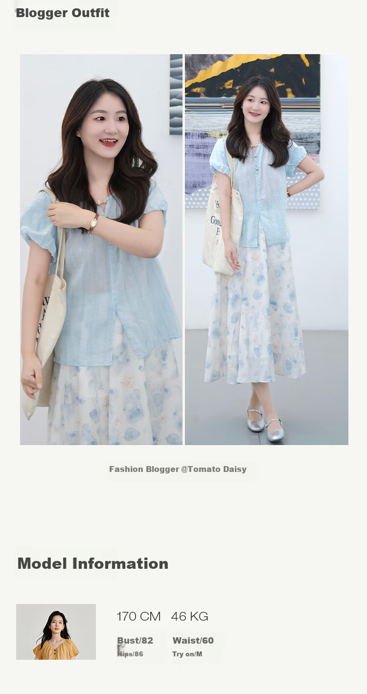 Inman French Style Ramie Cotton Lantern Sleeve Shirt Summer Women's Casual Design Lazy Short Sleeve Top Light Blue XL 11