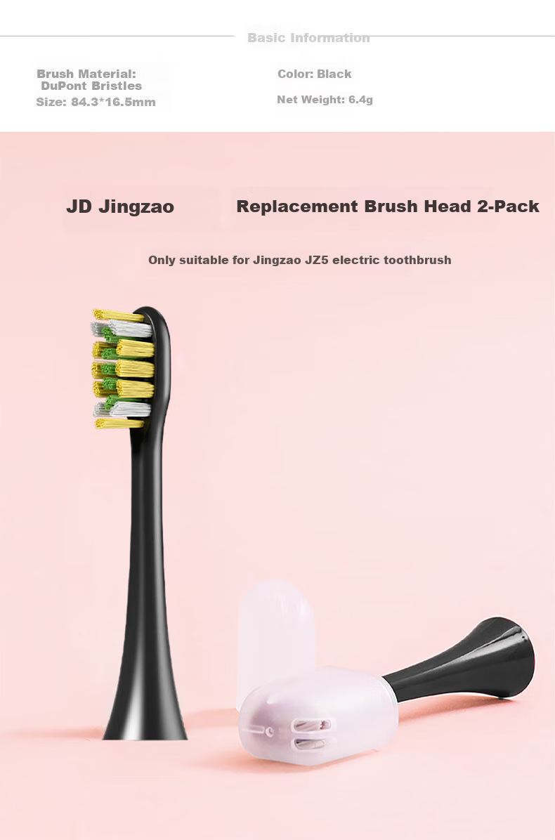 JD Original JZ5 Electric Toothbrush Heads, DuPont High-Elasticity Bristles, 2-Pack, Black (Compatible with JZ5 Electric Toothbrush) [PJ] 1
