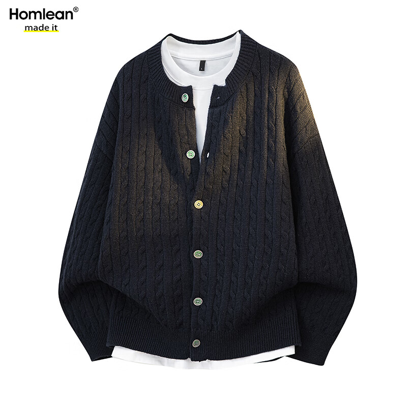 Homlean Old Money Style Casual Cardigan Sweater Men Autumn Winter Lazy Fit Loose Knit Jacket HX66 Dark Ink Blue L
