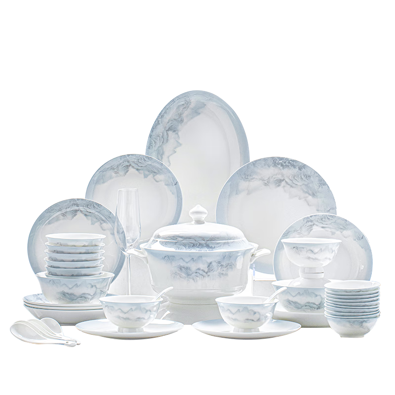 Mornenjoy Premium Jingdezhen Dinnerware Set High-End Bowls and Plates Home Use New Stylish Tableware Complete Set Chopsticks Housewarming Gift