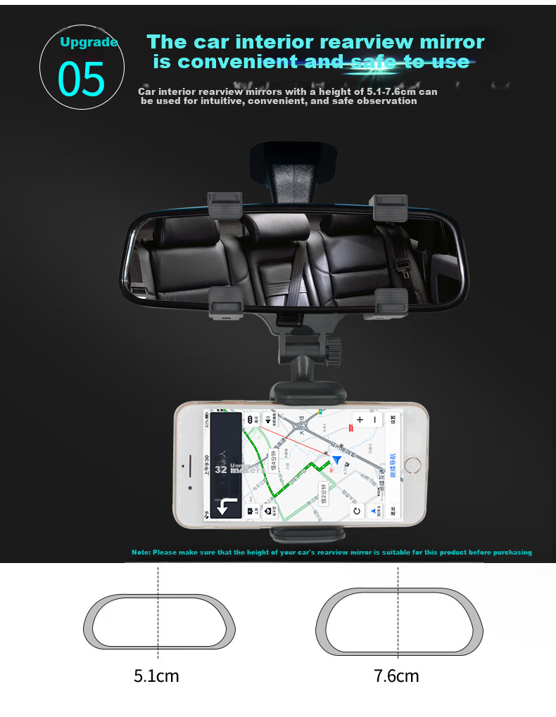Kylie Rearview Mirror Phone Holder, Car Phone Mount, Car Phone Stand, Phone Holder for High-End AR Navigation, 360-Degree Rotating Clip-On Universal Fixed Bracket 6