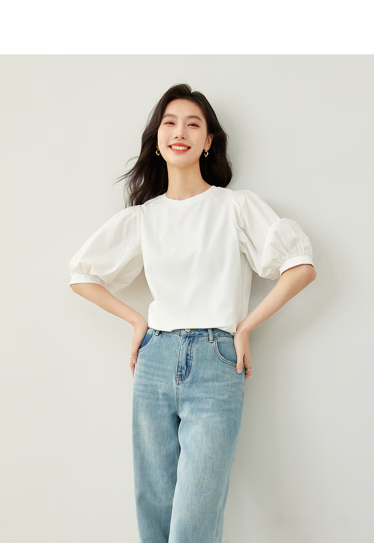Vimly Elegant Commuter Lantern Sleeve Cotton T-Shirt for Women, New Summer 2026 Loose Short-Sleeve Distinctive Top 21