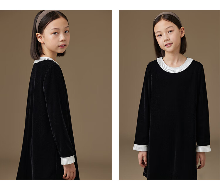 Hacikis Kids Autumn Winter French Hepburn Style Children's Lace Velvet Girls Long Sleeve Dress Thick Mousse Black 160 5