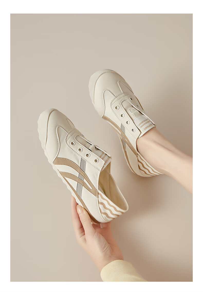 DAPHNE Slip-On Training Shoes for Women, Flat Two-Way Wear, Casual Sports Shoes, Comfortable Versatile White Sneakers for Women, Beige, Size 35 10