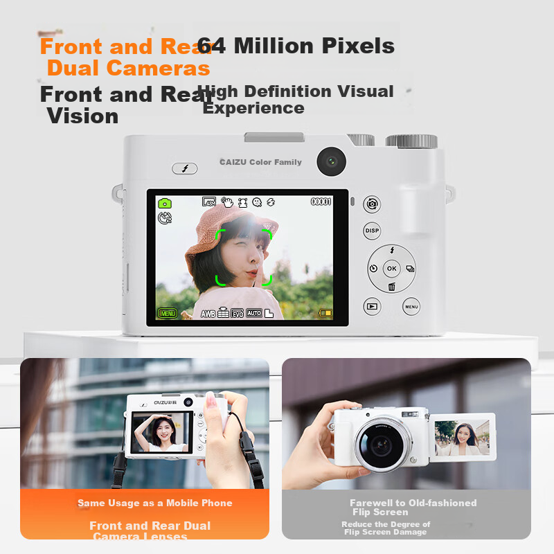 CAIZU C8 Dual Rear And Front Camera 6400W Pixel Entry-Level Mirrorless Camera for Students, Vlog Digital Camera, 4K Video Alternative to CCD Card Camera, Birthday Gift Present