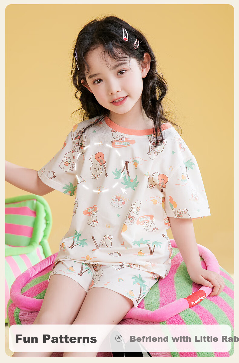 Fenteng Kids Pajamas Girls 100% Cotton Summer Round Neck Loose Cartoon Short Sleeve Shorts Homewear 17