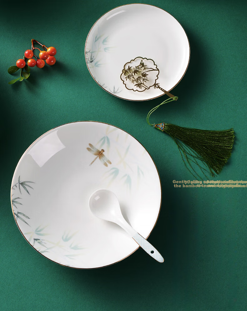 HG Guoci High-Temperature Glazed Bone China Dinnerware Set, Light Luxury Gold-Rimmed Qingting, 6 People, 32 Pieces 4