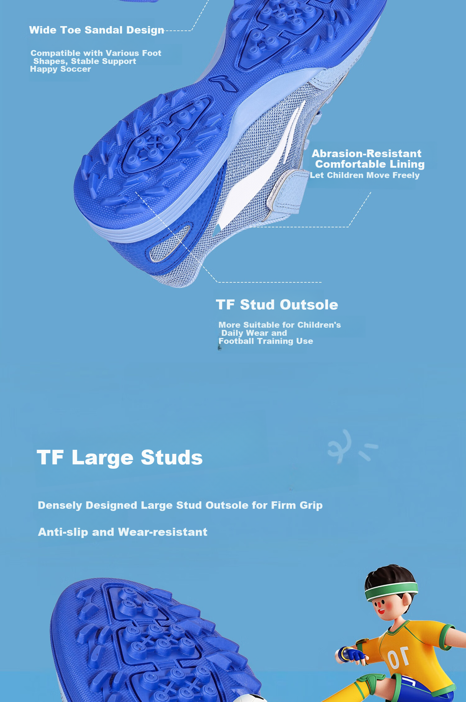 Li-Ning Children's Soccer Shoes, TF Turf Studs, Boys' Elementary School Students Aged 6-12, Velcro Straps, Breathable Training And Competition Non-Slip Football Boots, Size 38 3