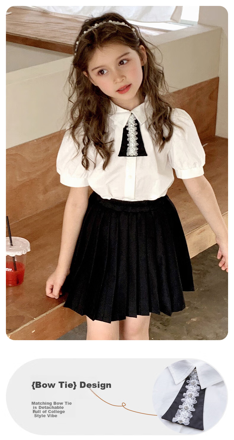 Follow Me Girls' Summer Outfit Set: Academic Style Shirt Short-Sleeve Top JK Pleated Skirt Two-Piece Set White/black 150 5