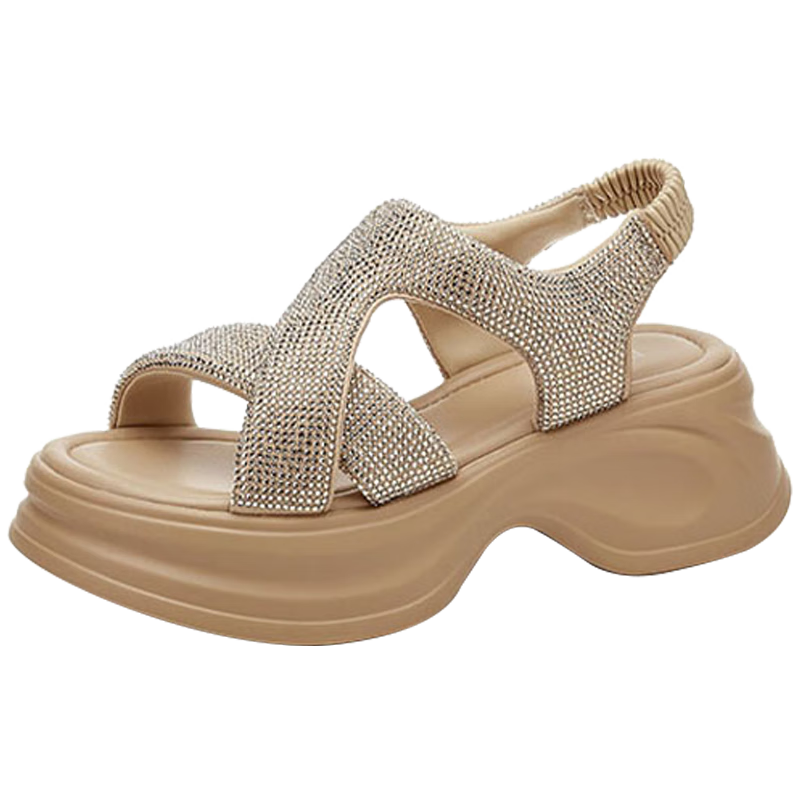 Daphne Women's Sandals Thick Sole Fashion Rhinestone Height Increasing Slim Comfortable Lightweight Beach Shoes Elastic Band Apricot Color Size 35