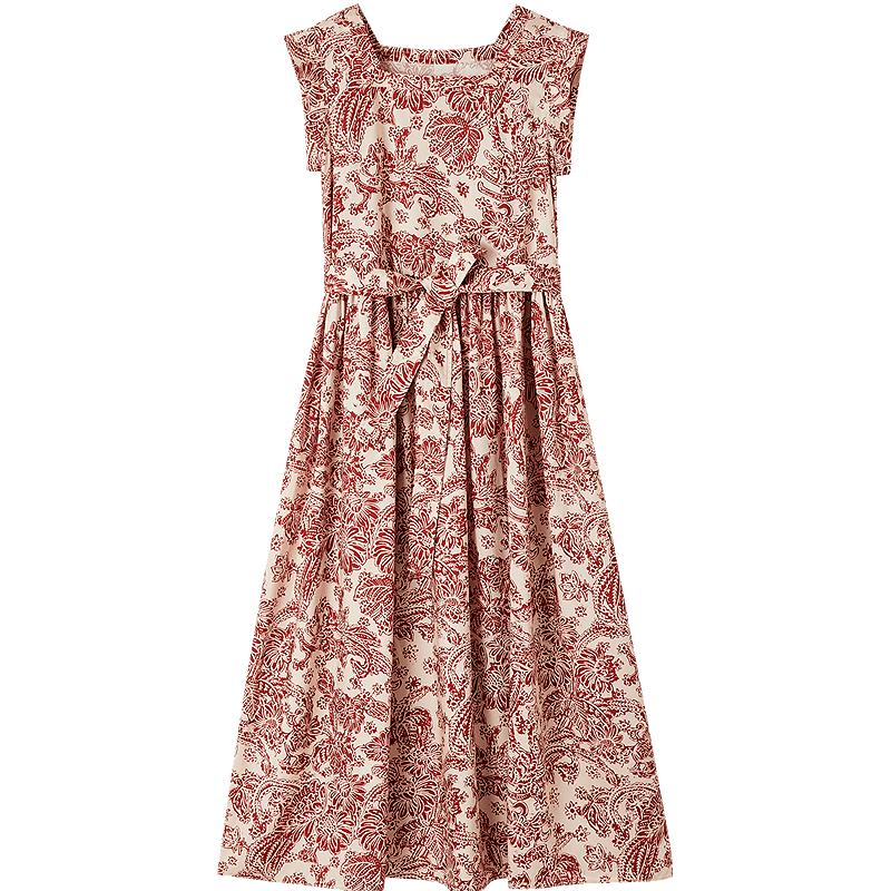Demana [Dream Among Flowers] Summer National Style New Chinese Square Neck Tie Sleeve Waist Printed Elegant Women's Dress