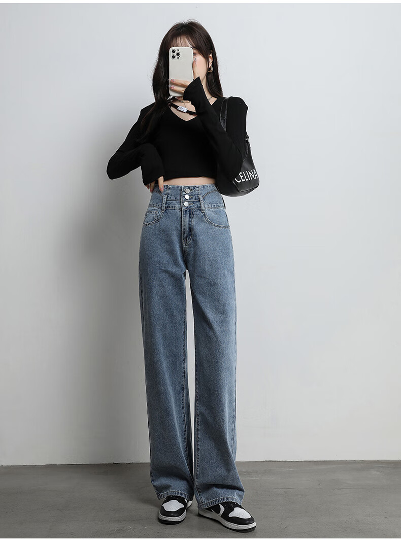 Romon [Cotton Stretch] Women's Summer High-Waist Slim Fit Simple Casual Loose Wide-Leg Jeans Dark Blue S 11